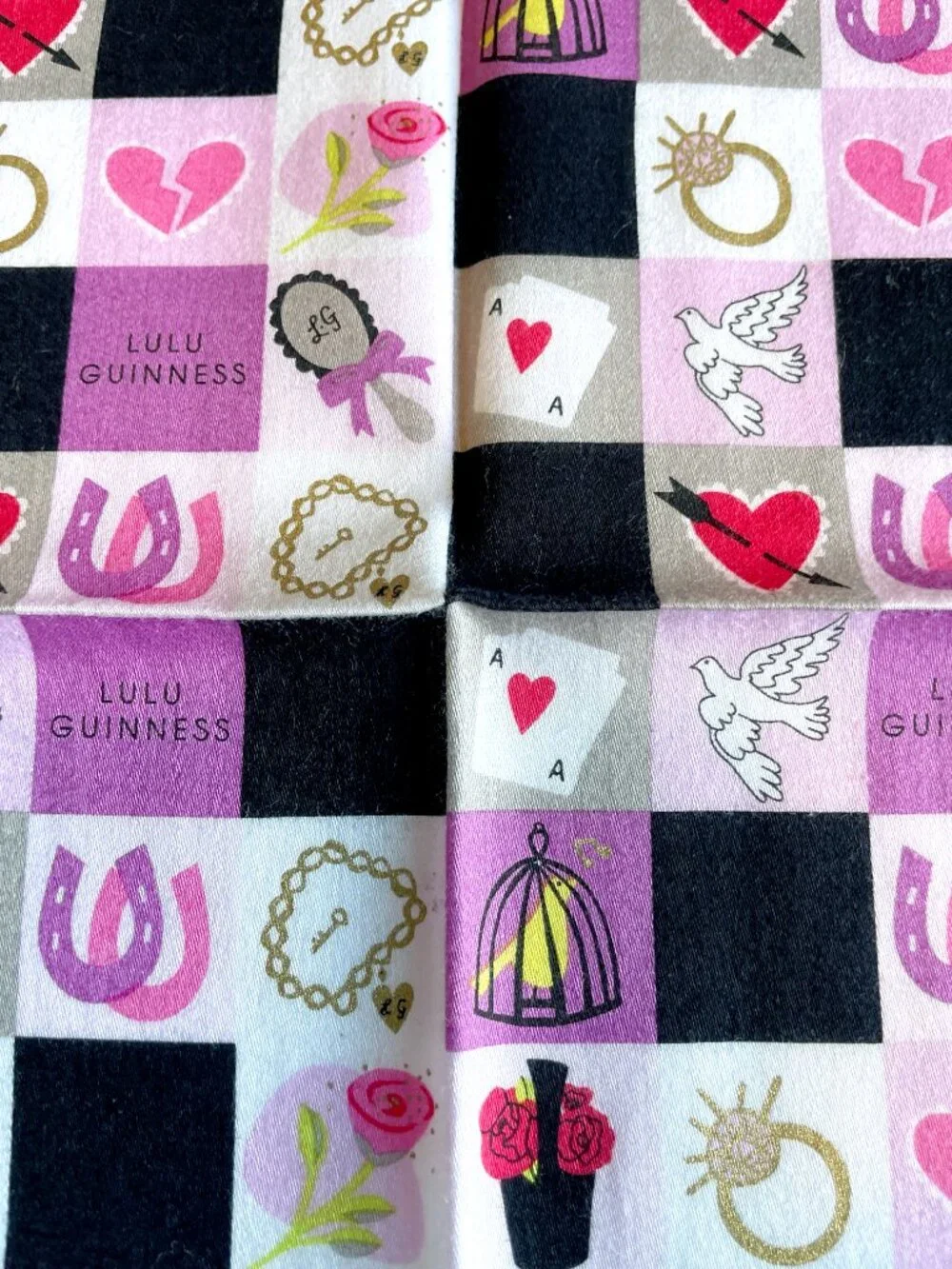Lulu Guinness London Scarf – Retro Pink Check Pattern, Ruffle Border - Picture 12 of 12